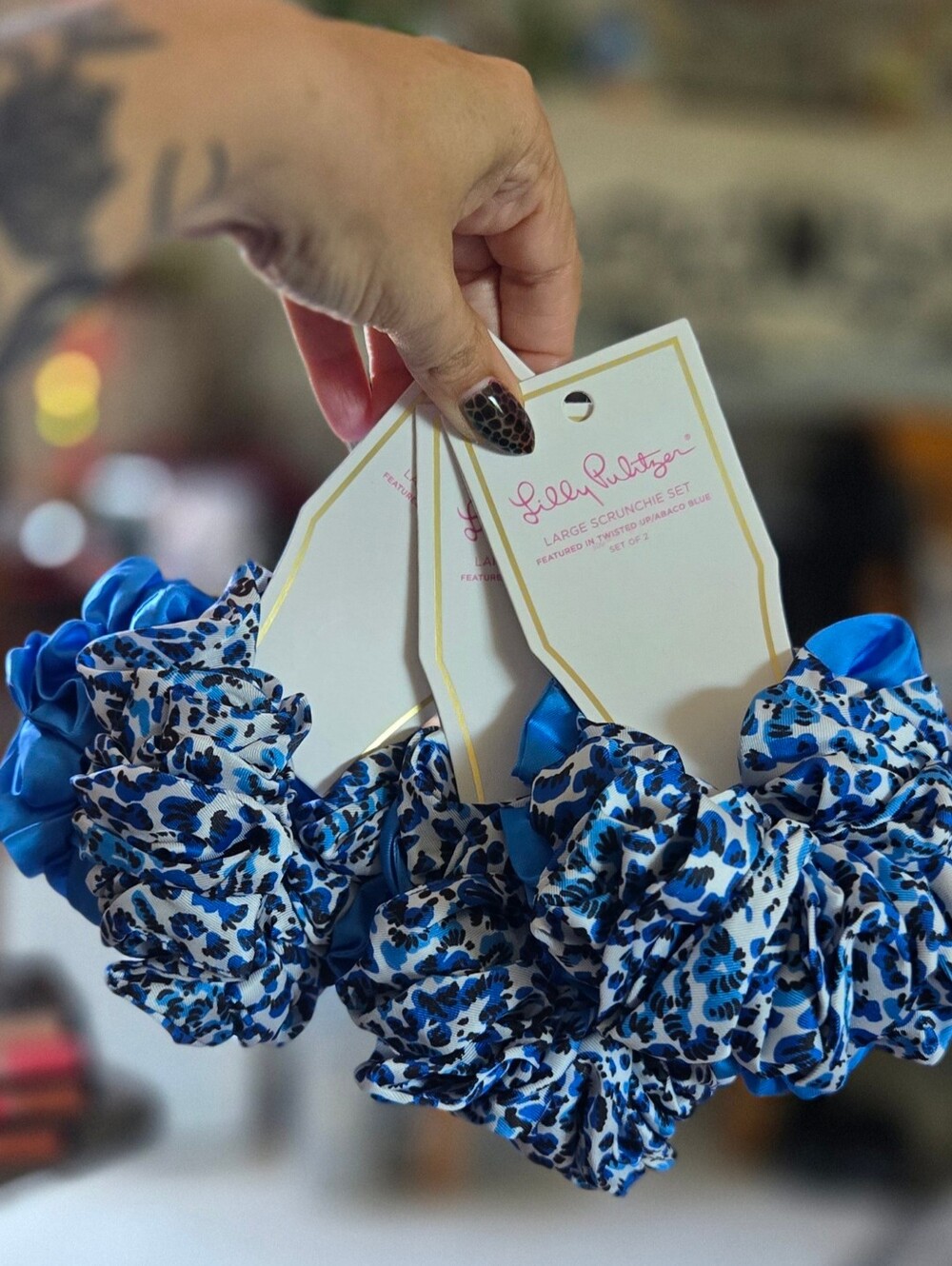 Three New Lilly Pulitzer "Spot Clean" Blue and White Leopard Satin Scrunchie Set
